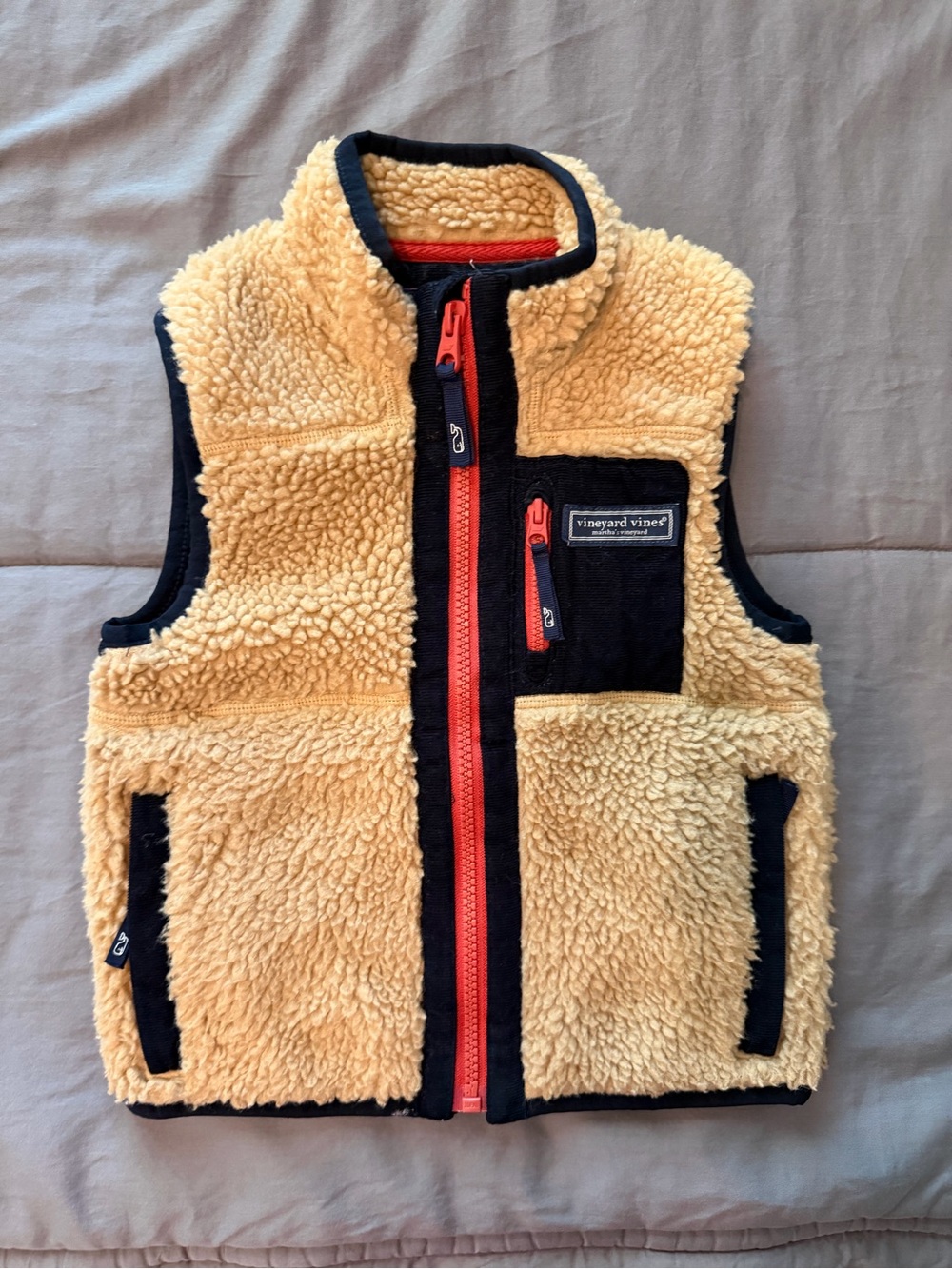 Vineyard Vines Kids Cream Sherpa Vest with Navy Trim and Red Zipper